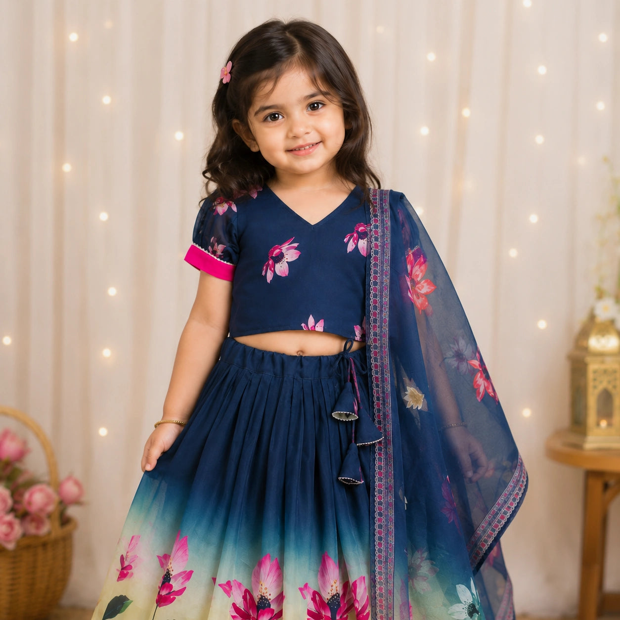 Girls Floral Print Lehenga Choli Set with Dupatta - Navy Blue Ombre