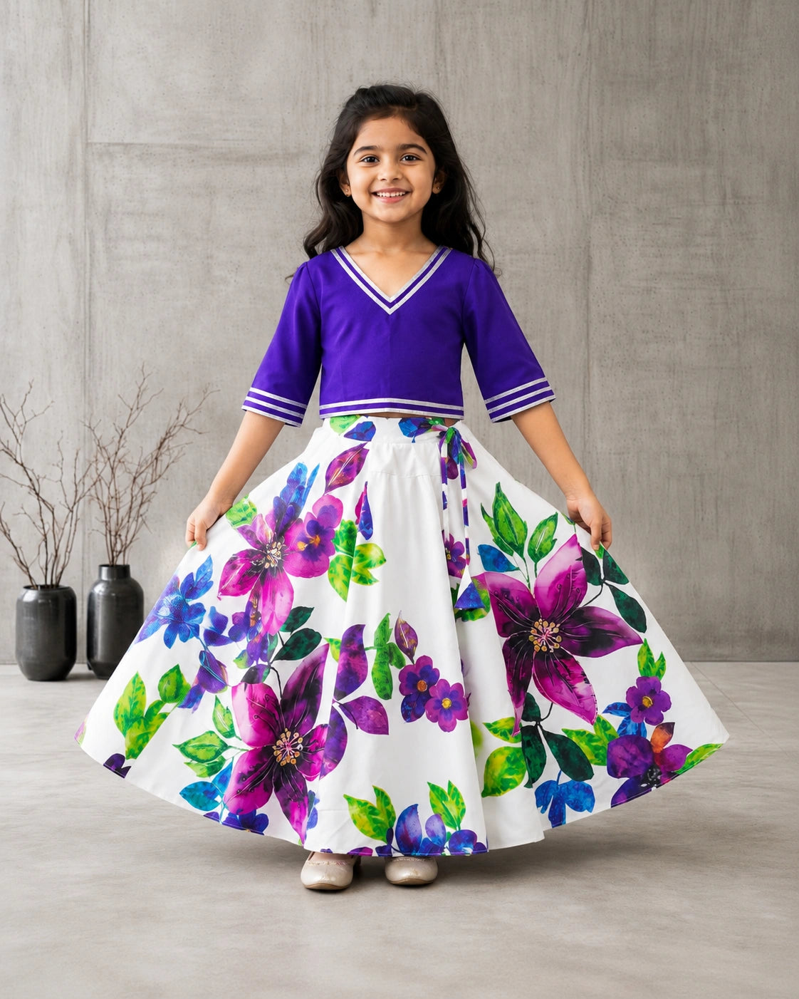 Girls Purple Floral Lehenga Choli Set – Festive Ethnic Wear for Kids