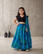 Girls Peacock Print Lehenga Choli Set with Dupatta - Black & Blue