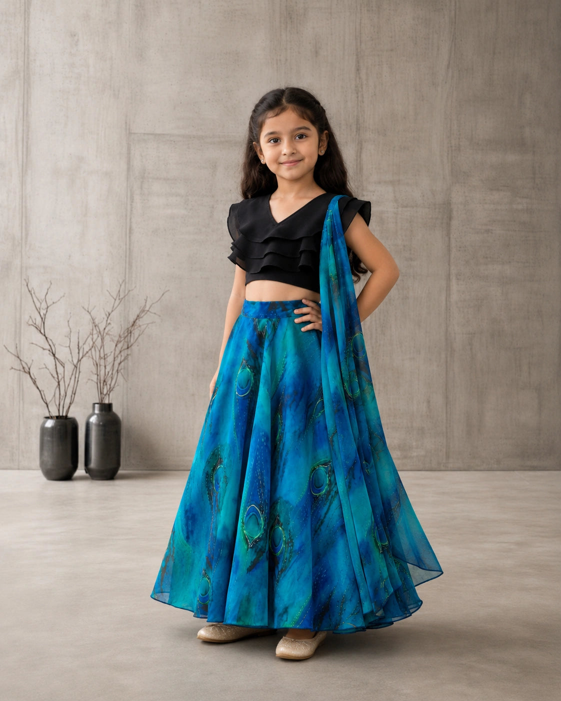Girls Peacock Print Lehenga Choli Set with Dupatta - Black & Blue