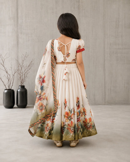 Girls Floral Print Lehenga Choli Set with Dupatta - Off white