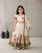 Girls Floral Print Lehenga Choli Set with Dupatta - Off white