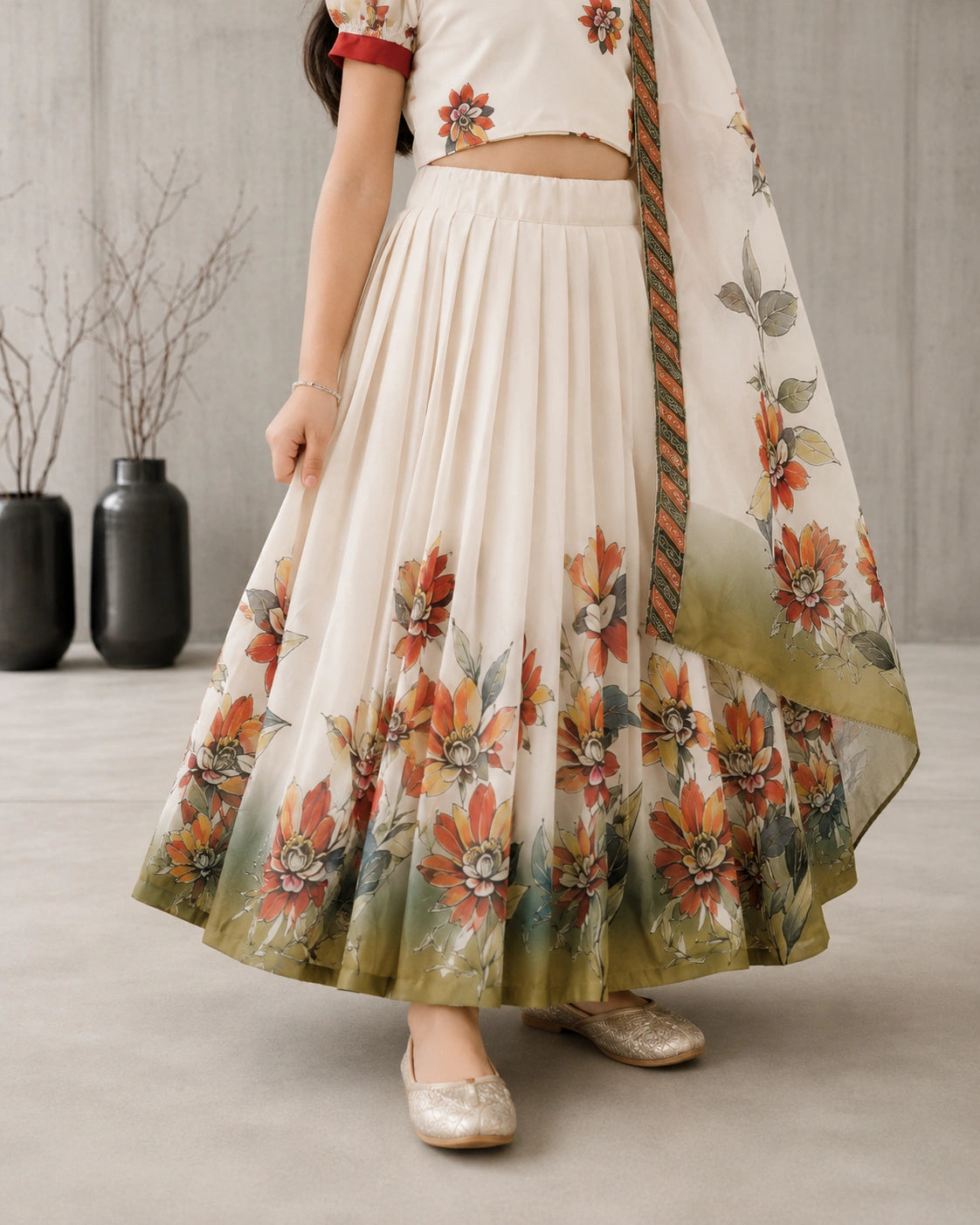 Girls Floral Print Lehenga Choli Set with Dupatta - Off white