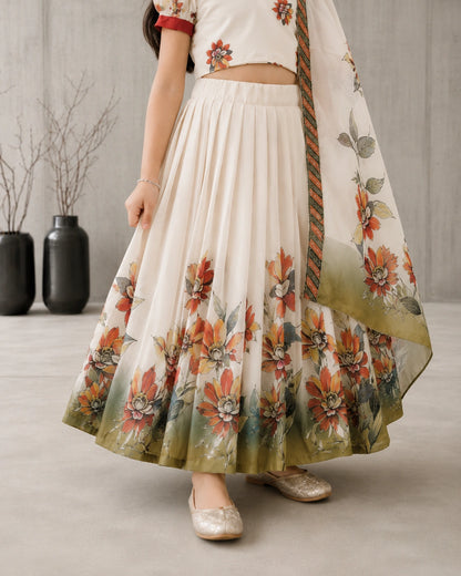 Girls Floral Print Lehenga Choli Set with Dupatta - Off white