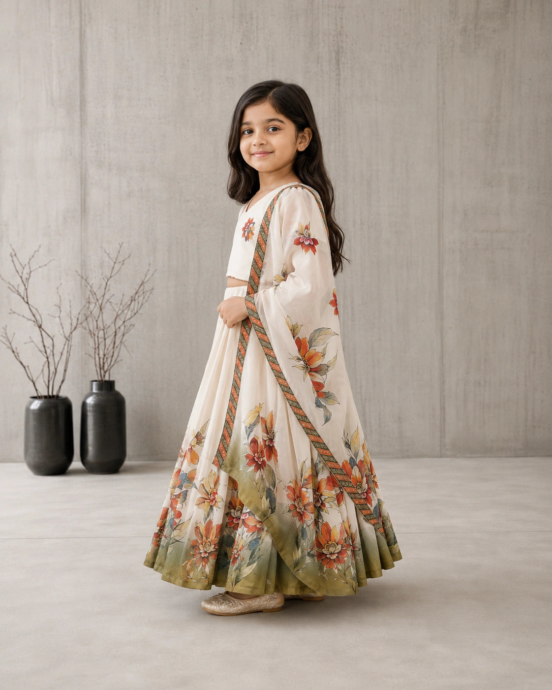 Girls Floral Print Lehenga Choli Set with Dupatta - Off white