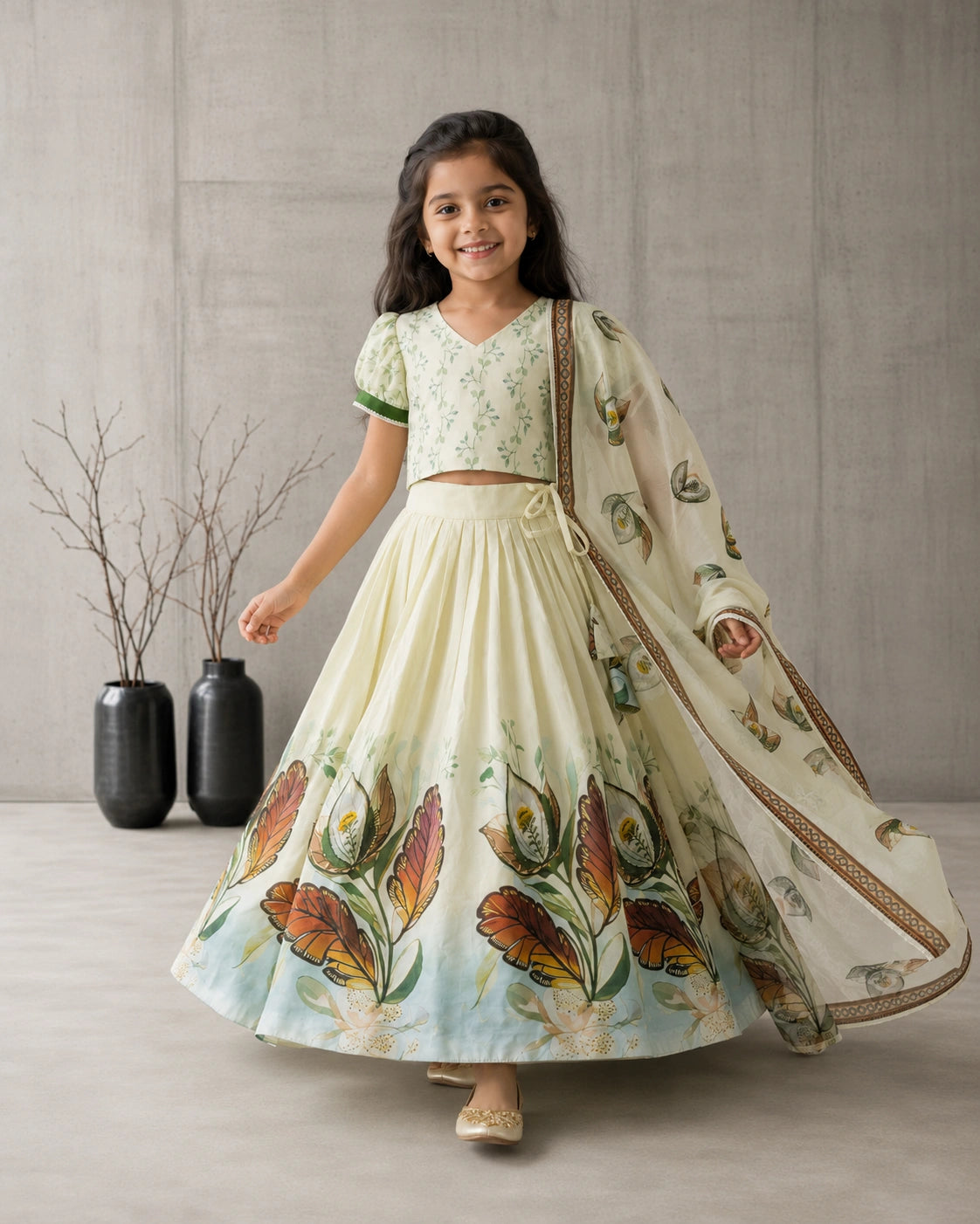 Girls Floral Print Lehenga Choli Set with Dupatta – Pista