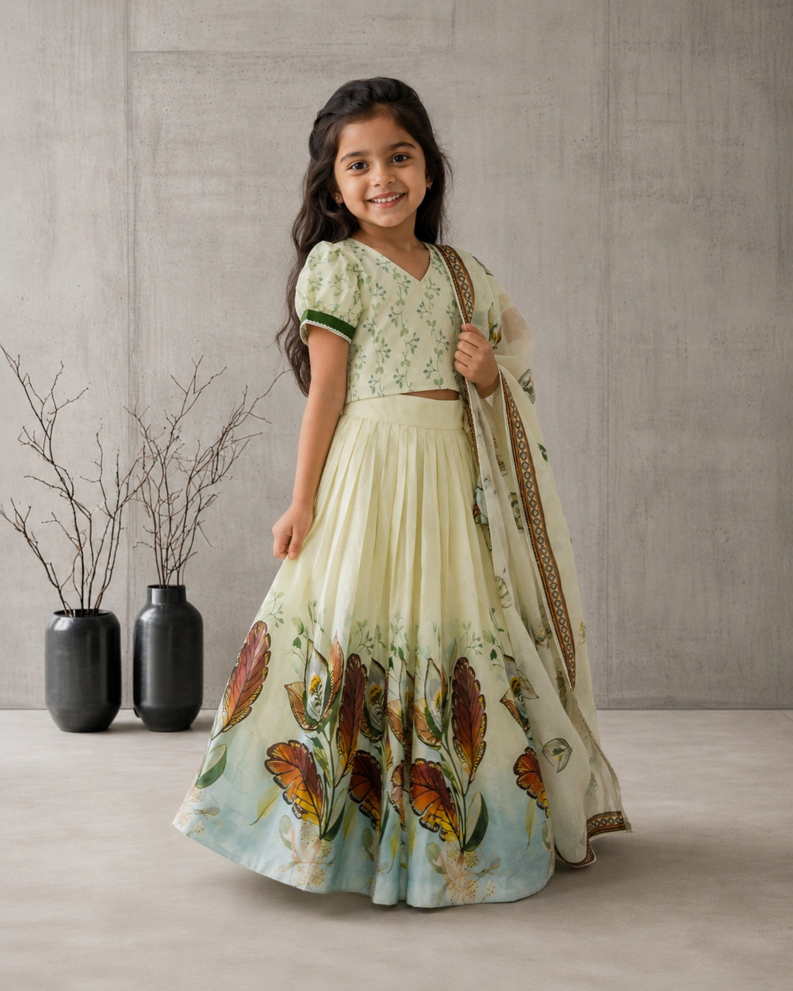 Girls Floral Print Lehenga Choli Set with Dupatta – Pista