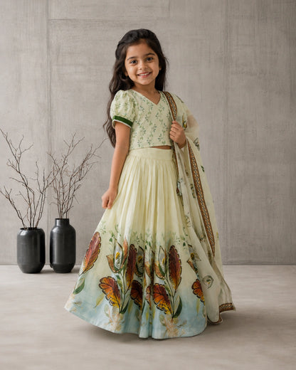 Girls Floral Print Lehenga Choli Set with Dupatta – Pista