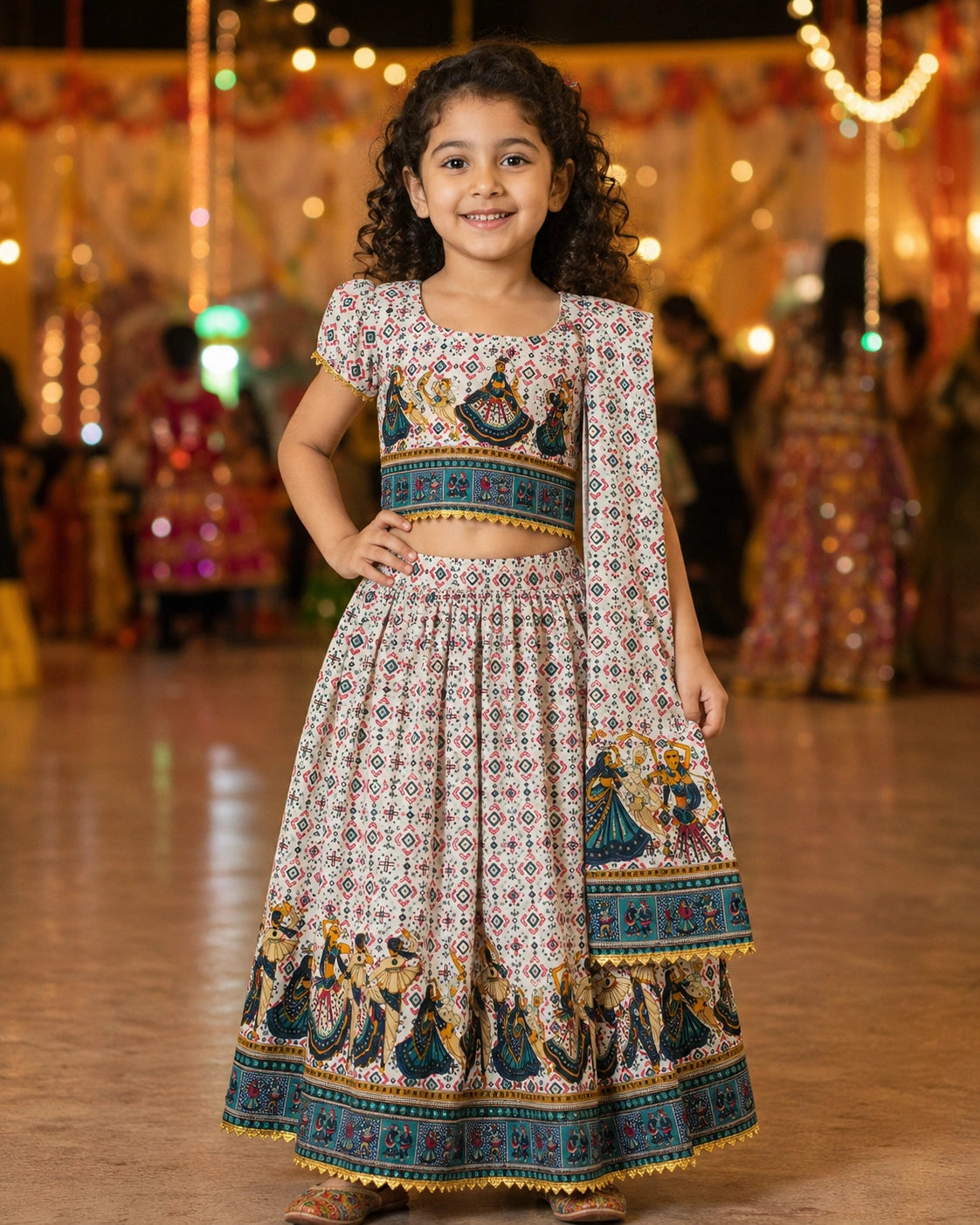 Cream Dandiya Print Lehenga Choli - Girl Twirling at Garba