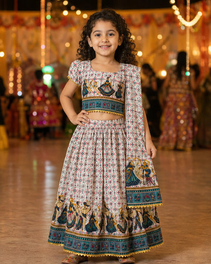 Cream Dandiya Print Lehenga Choli - Girl Twirling at Garba