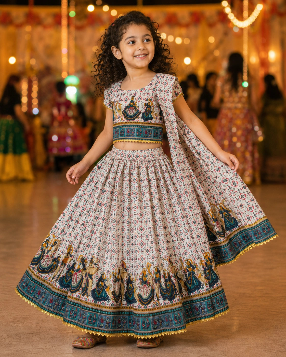 Cream Dandiya Print Lehenga Choli - Girl Back View at Garba