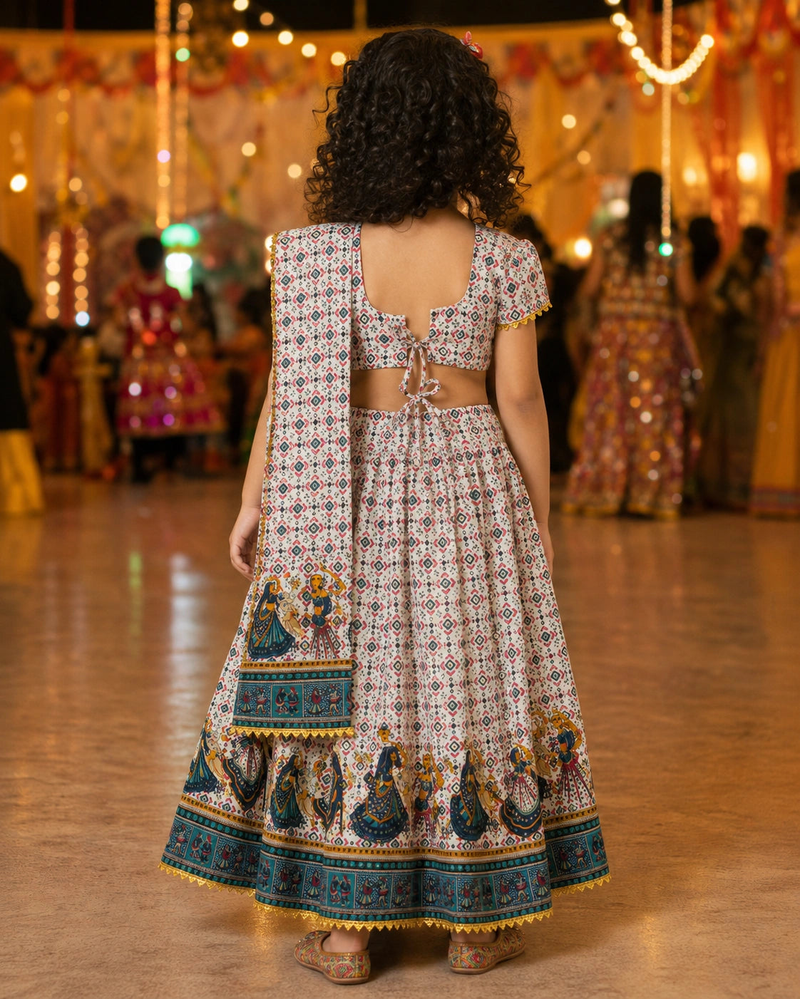Cream Dandiya Print Lehenga Choli - Flat Lay on Rattan Tray