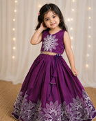 Girls Floral Embroidered Lehenga Choli Set - Wine Purple