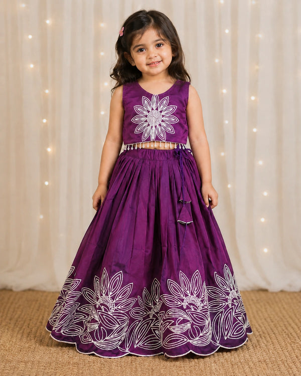Girls Floral Embroidered Lehenga Choli Set - Wine Purple