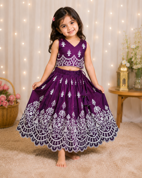 Girls Designer Embroidered Lehenga Choli Set - Wine Purple
