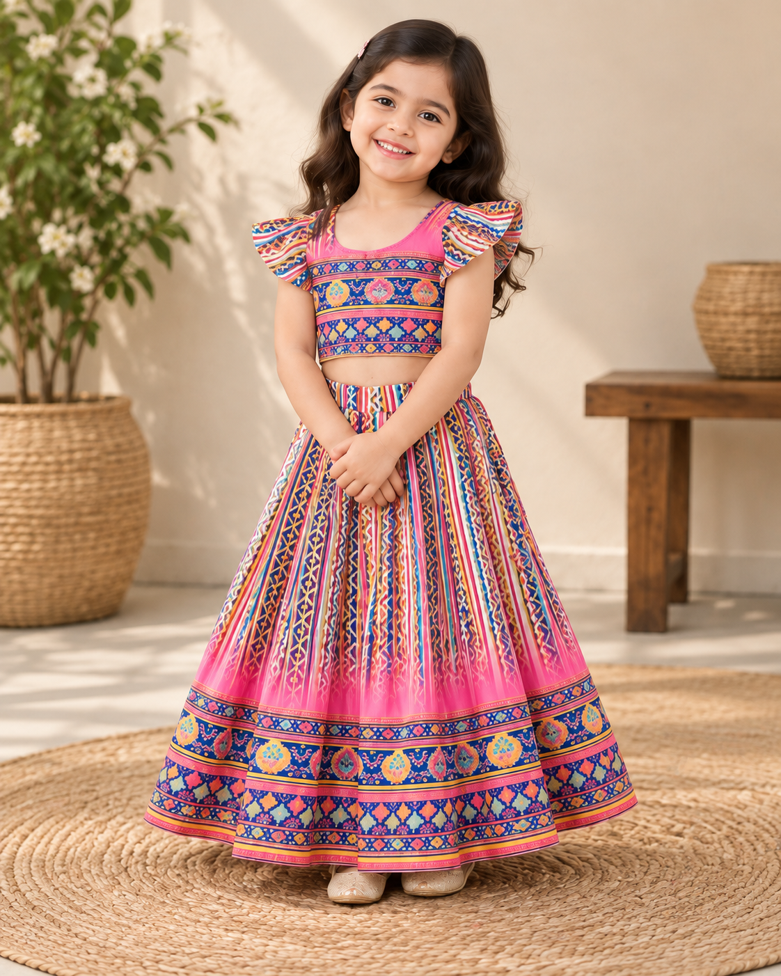 Girl wearing a pink and blue printed lehenga choli set from the back