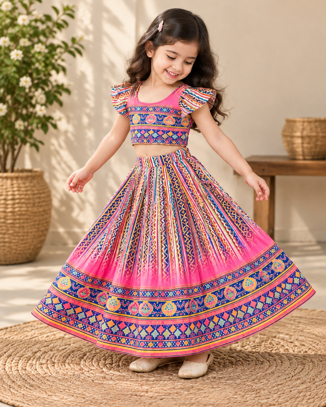 Girl wearing a bright pink printed lehenga choli set