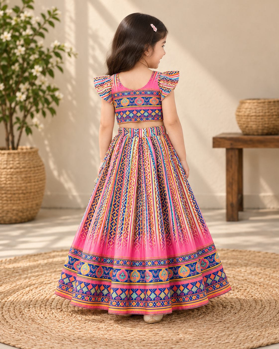 Girl sitting in a pink printed lehenga choli set with ornate borders
