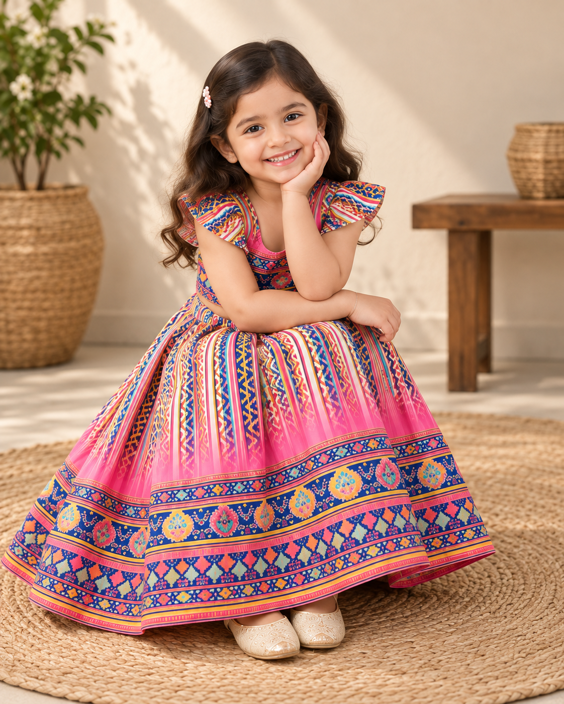 Pink girls lehenga choli set displayed flat with multicolour borders