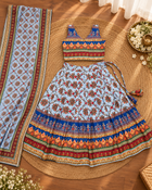 Girls Light Blue & Multicolour Printed Lehenga Choli Set with Dupatta