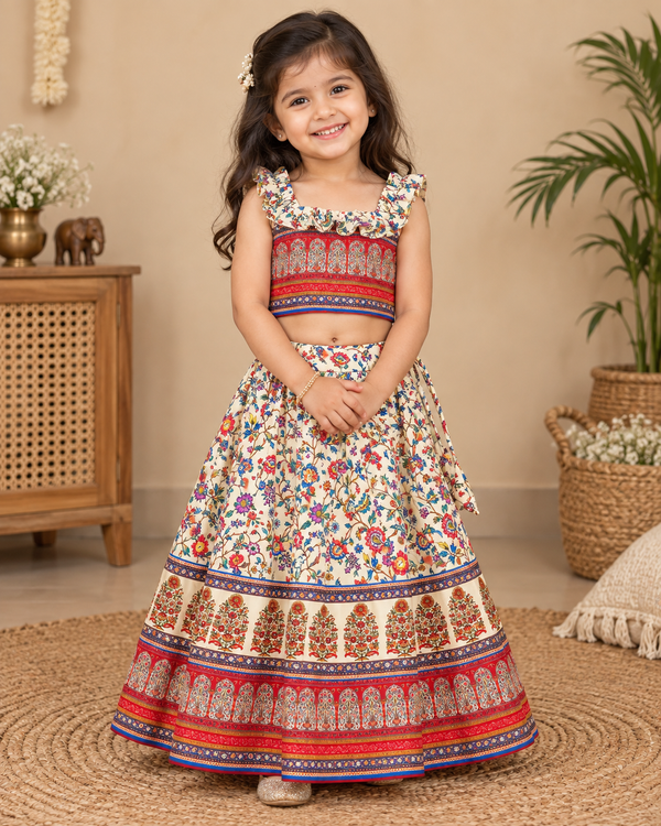 Girl wearing a cream floral printed lehenga choli set from the back