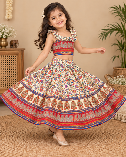 Cream floral girls lehenga choli set displayed flat with dupatta