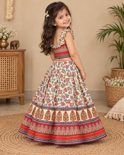 Girl wearing a cream floral printed lehenga choli set with dupatta