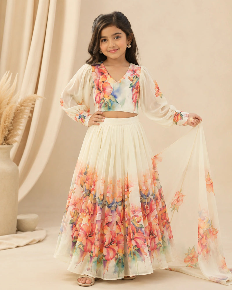 Girls Ivory Floral Printed Lehenga Set