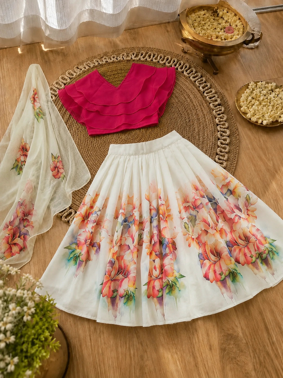 Girls Hot Pink Ruffle Blouse Lehenga Set