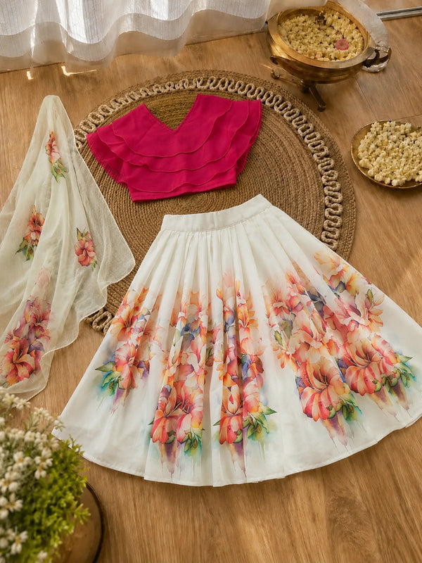 Girls Hot Pink Ruffle Blouse Lehenga Set