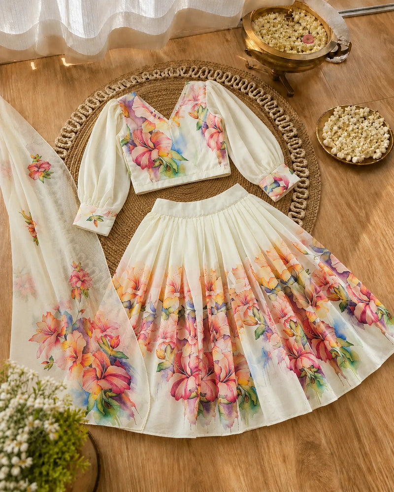Girls Ivory Floral Printed Lehenga Set
