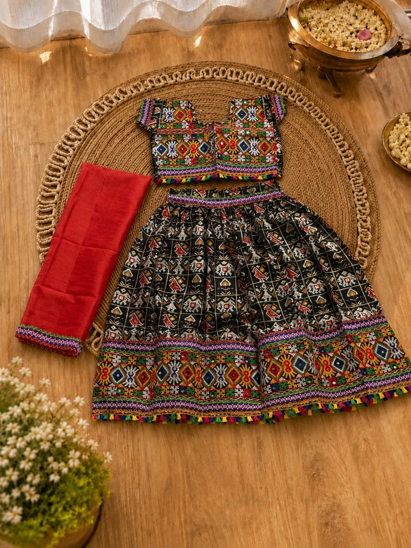 Black Kaju Katri Patolu Lehenga Choli – Flat lay product view