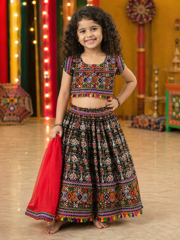 Black Kaju Katri Patolu Lehenga Choli – Girl smiling front view with dupatta