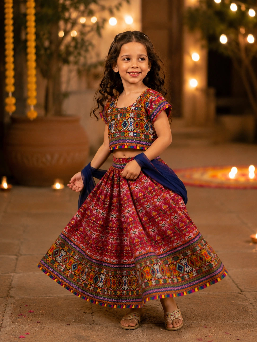 Maroon Kaju Katri Patola Lehenga Choli - Girl Front View Smiling at Festive Night