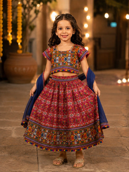 Maroon Kaju Katri Patola Lehenga Choli - Flat Lay on Rattan Tray