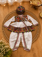 White Multicolor Embroidered Kediyu with Dhoti Pants & Cap