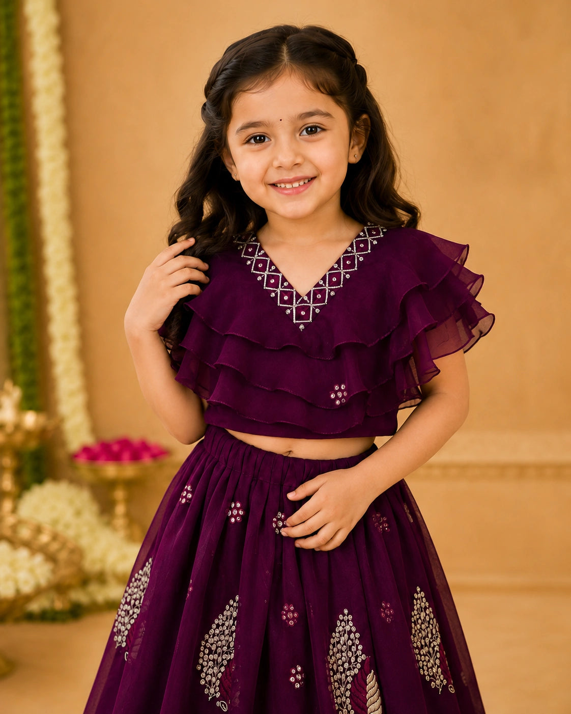 Girls Lehenga Choli Set Layered Ruffle Blouse - Wine Purple