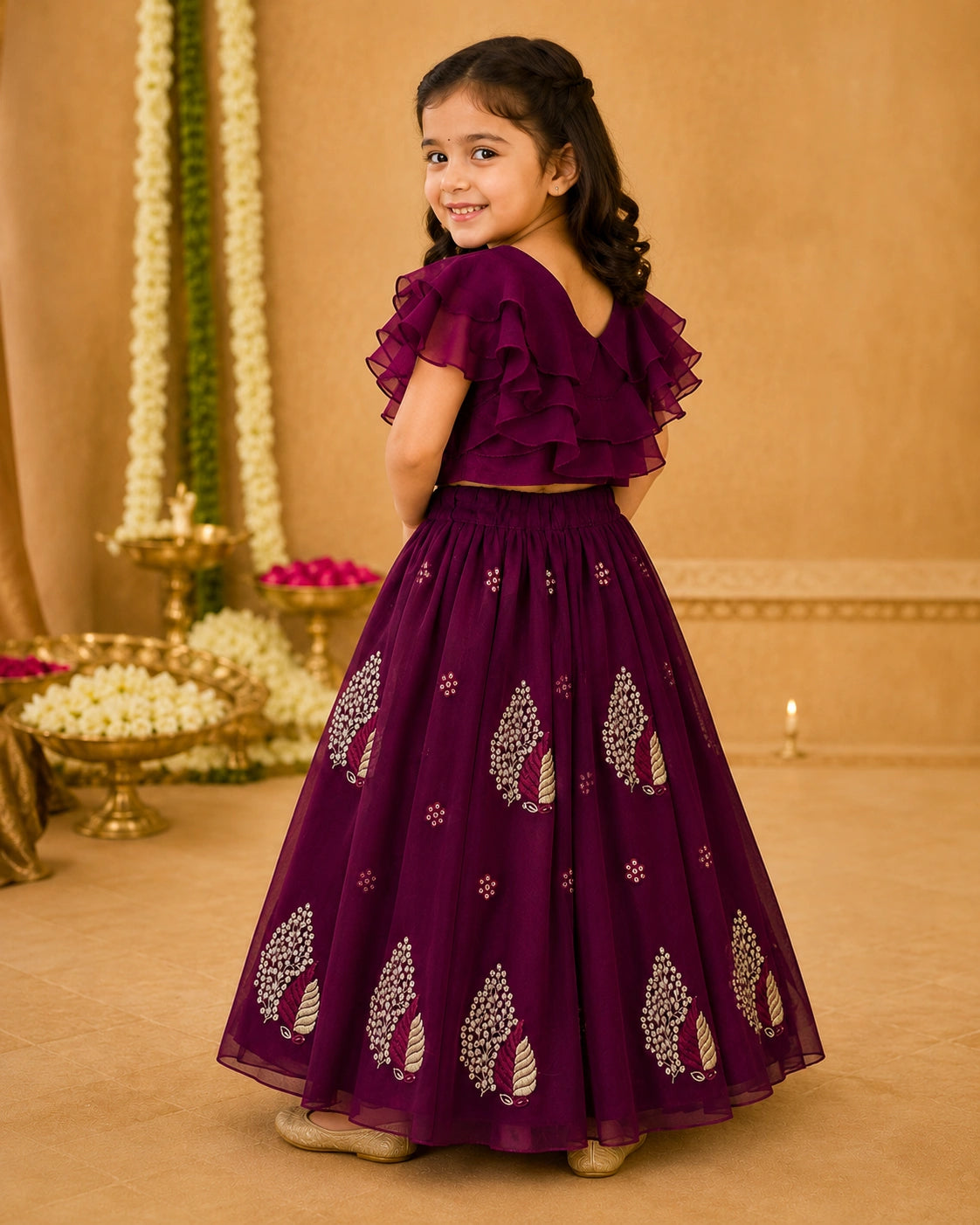 Girls Lehenga Choli Set Layered Ruffle Blouse - Wine Purple