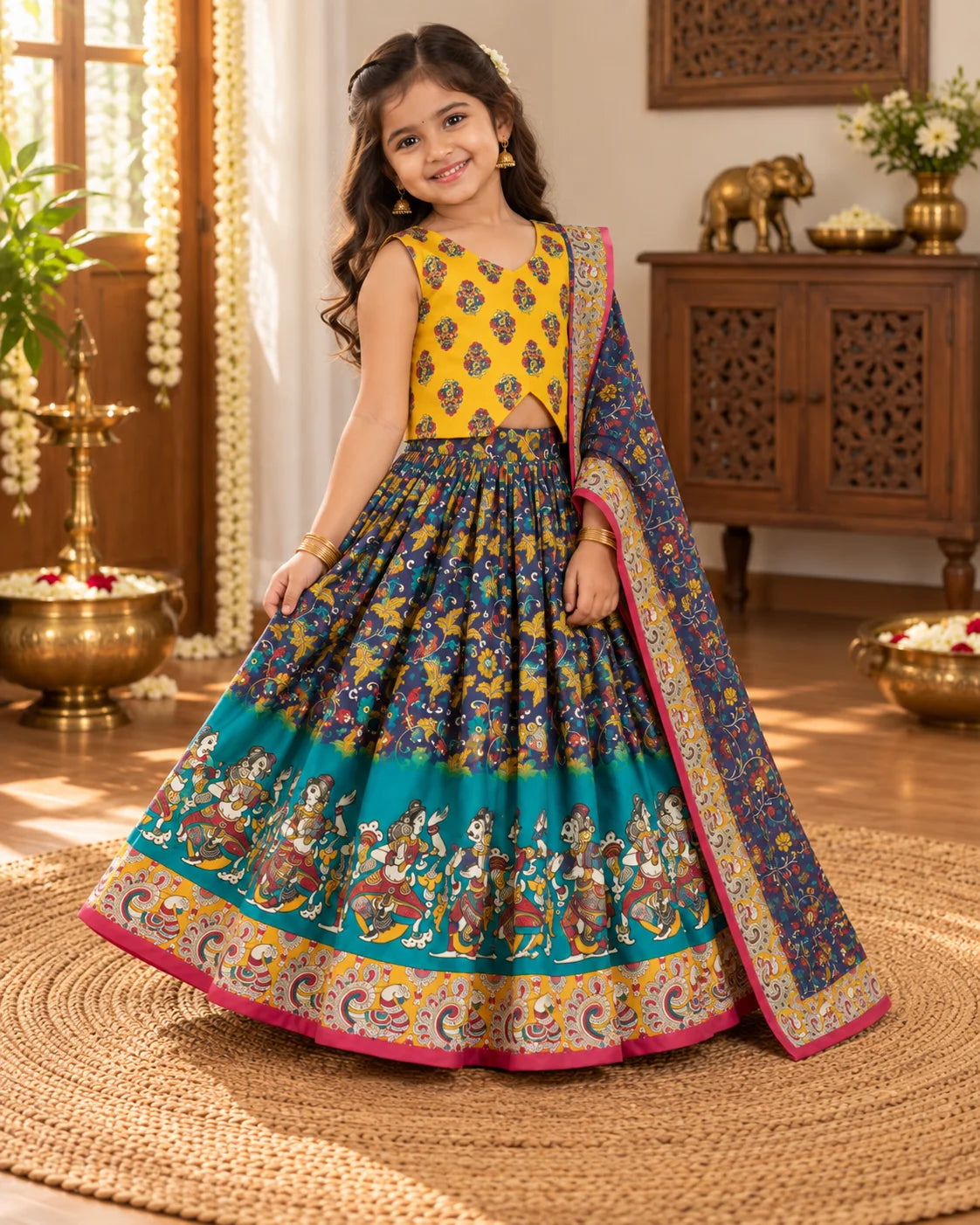 Girl twirling in a yellow, navy and teal printed lehenga choli set