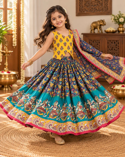 Back view of yellow, navy and teal printed lehenga choli set