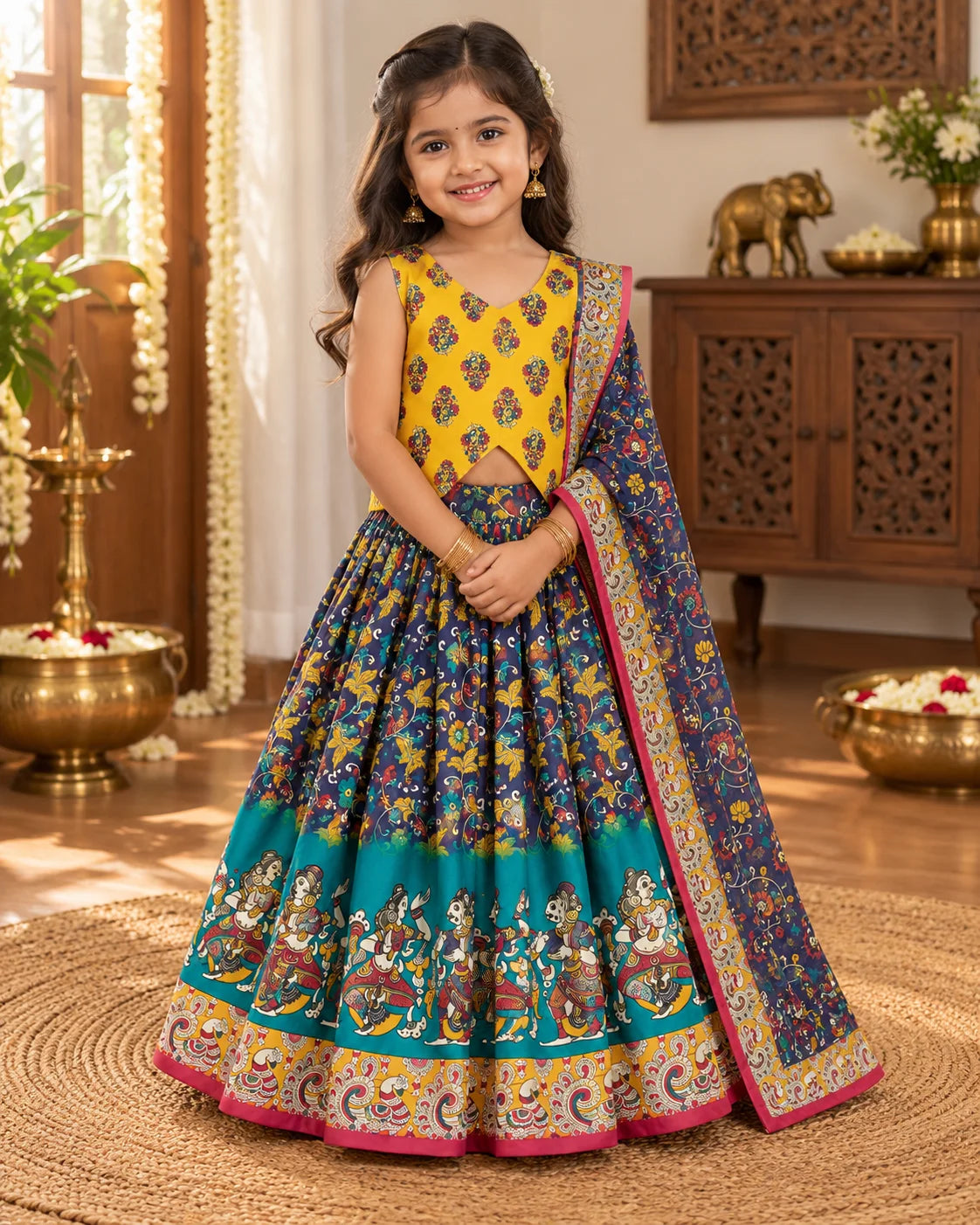 Girl wearing a yellow, navy and teal printed lehenga choli set with dupatta