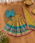 Girls Yellow & Teal Printed Lehenga Choli Set with Dupatta