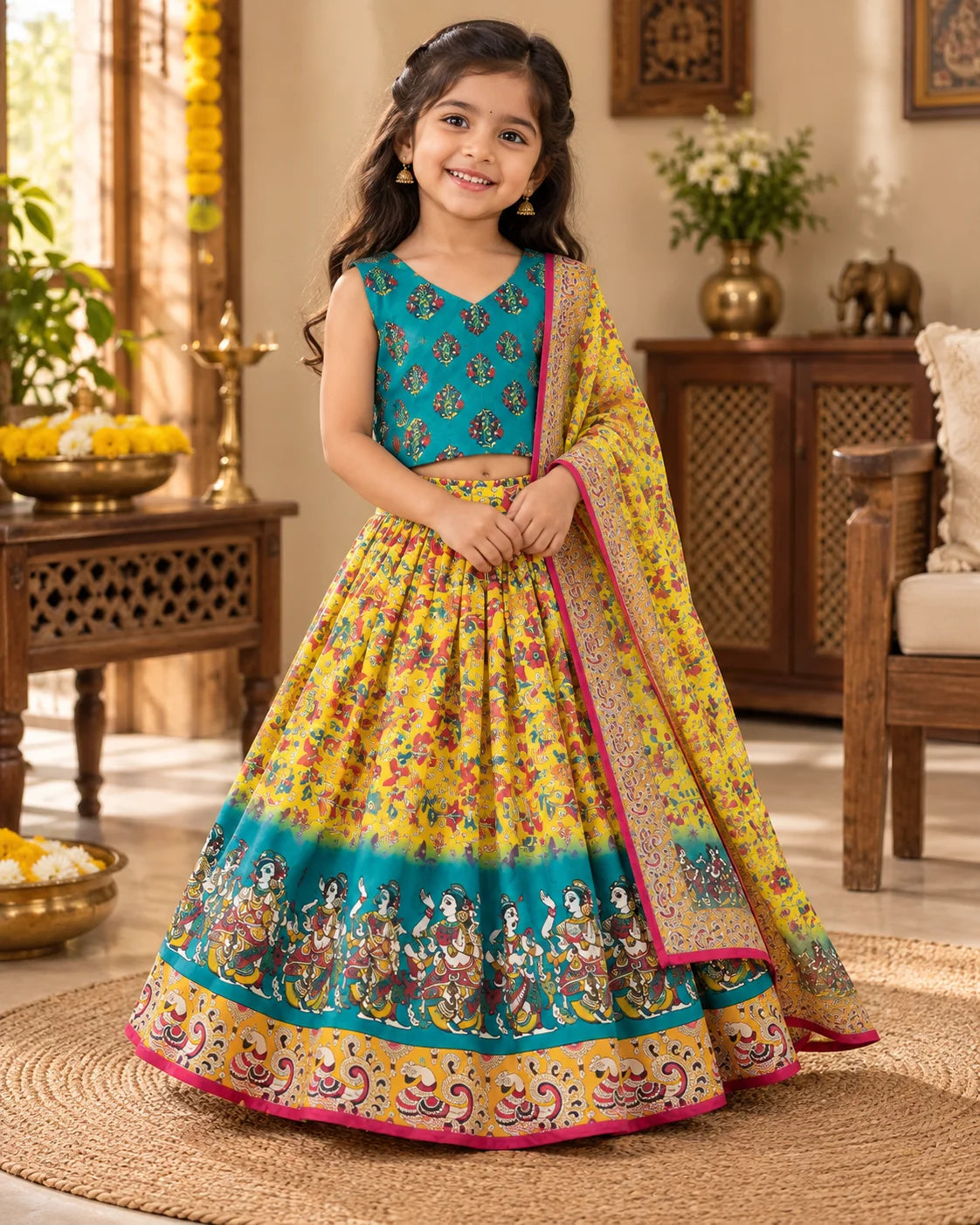 Back view of girl wearing a yellow and teal lehenga choli set