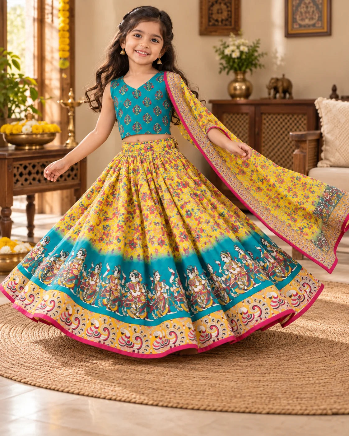 Girl twirling in a yellow and teal printed lehenga choli set