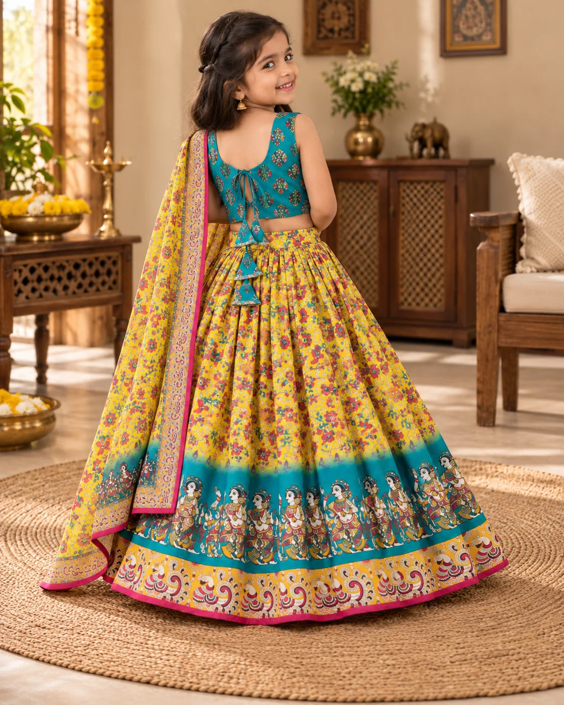 Front view of girls yellow and teal lehenga choli set with dupatta