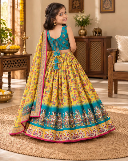 Front view of girls yellow and teal lehenga choli set with dupatta