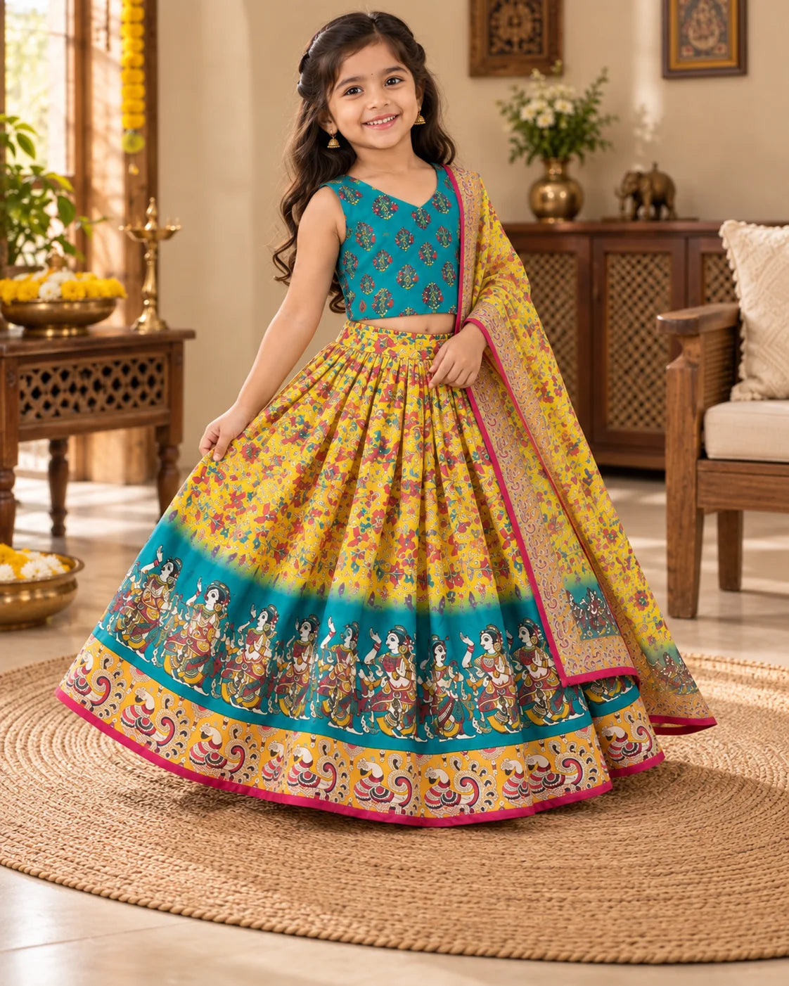 Yellow and teal printed girls lehenga choli set displayed flat