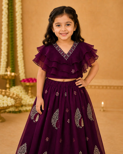 Girls Lehenga Choli Set Layered Ruffle Blouse - Wine Purple
