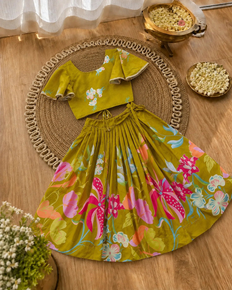 Girls Mehndi Green Floral Lehenga Choli Set