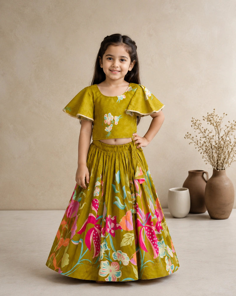 Girls Mehndi Green Floral Lehenga Choli Set